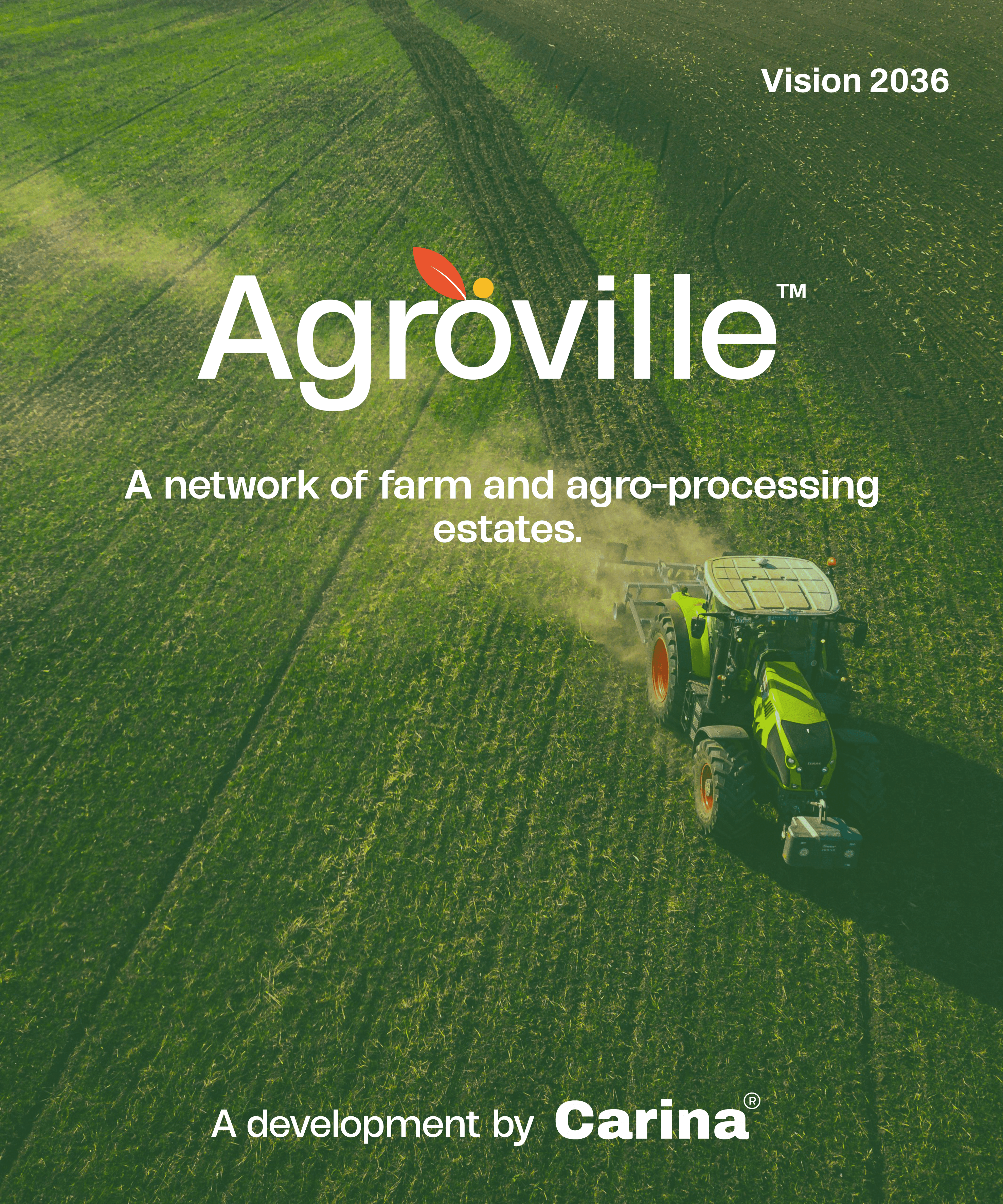 Aerial view of Agroville farmland with modern tractor